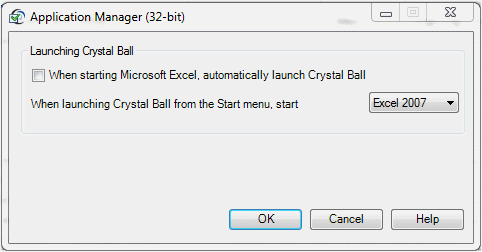 This image shows the Crystal Ball Application Manager dialog.