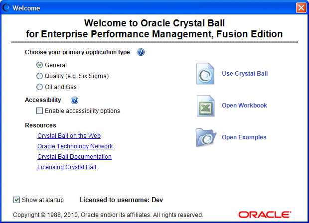 The Crystal Ball Welcome Screen, showing available options.