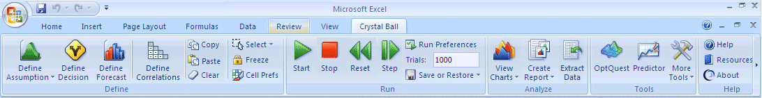 Crystal Ball Ribbon in Microsoft Excel 2007 or later