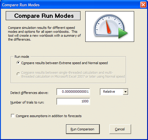 This figure displays the Compare Run Modes dialog.