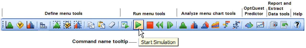 The Crystal Ball Toolbar, showing the Define menu tools, Run menu tools, Analyze menu tools and a sample command name tooltip.
