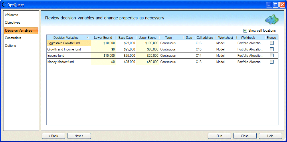 Decision Variables panel with cell locations, Portfolio Allocation example.