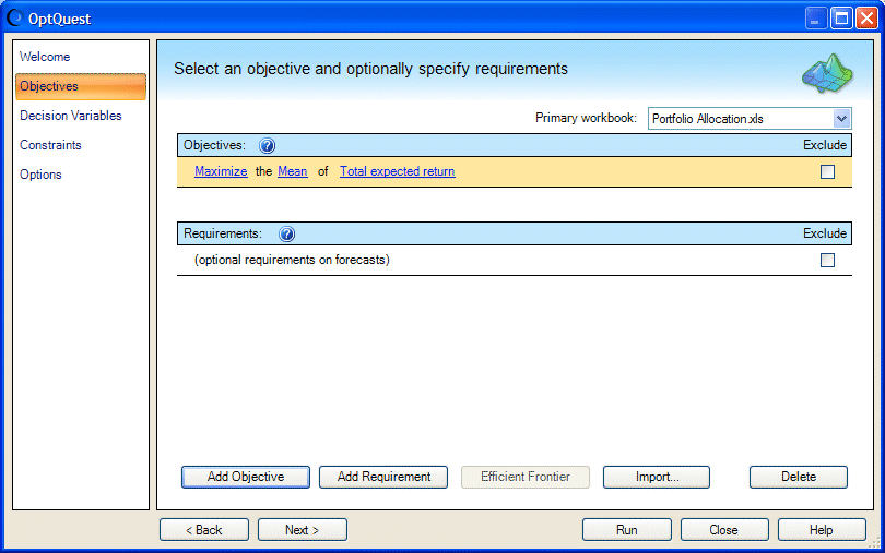 Objectives panel, Portfolio Allocation example (objective added).