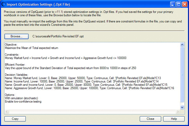 Imported settings for the Portfolio Revisited EF.xls file.