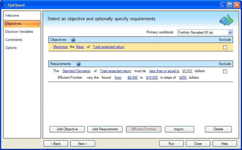 Objectives panel, Portfolio Revisited EF.xls.