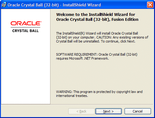 En esta imagen se muestra el cuadro de diálogo Bienvenido de la instalación de Crystal Ball.