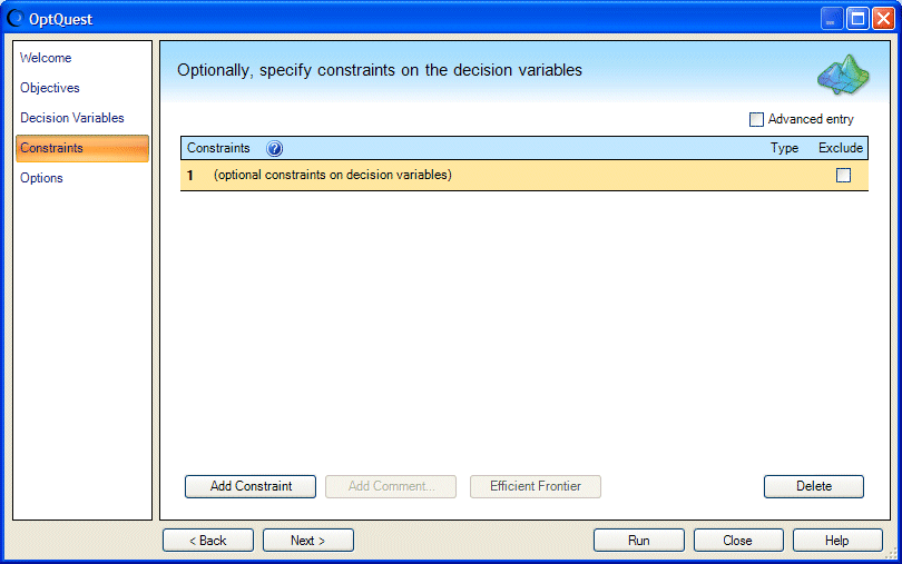 Panel Restricciones, ejemplo de Futura with OptQuest.