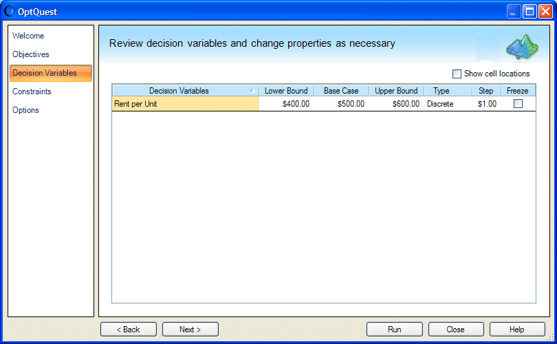 Panel Variables de decisión, ejemplo de Futura with OptQuest.