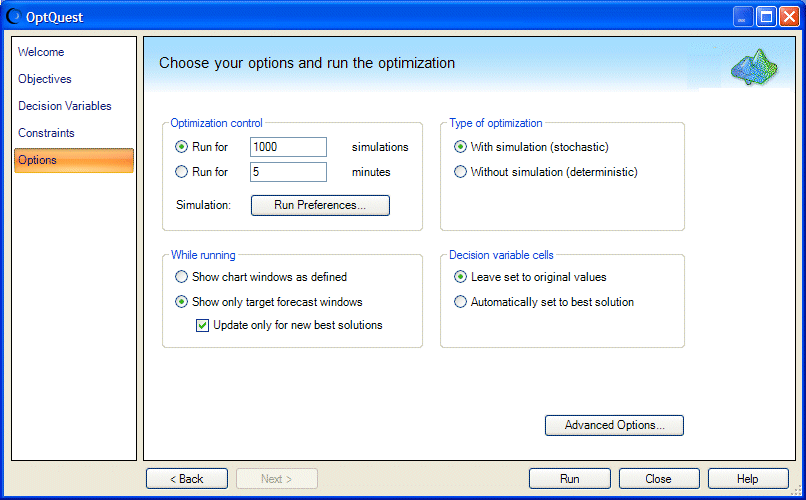 Panel Opciones, ejemplo de Futura with OptQuest.