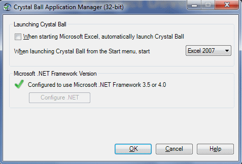Cette image présente la boîte de dialogue Crystal Ball Application Manager.