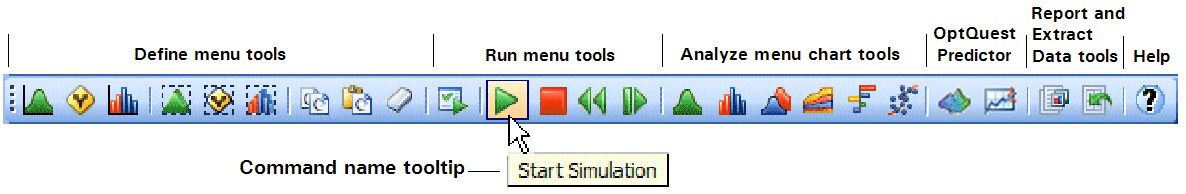 Barre d'outils Crystal Ball, avec les outils des menus Définir, Exécuter et Analyser, ainsi qu'un exemple d'info-bulle contenant le nom d'une commande.