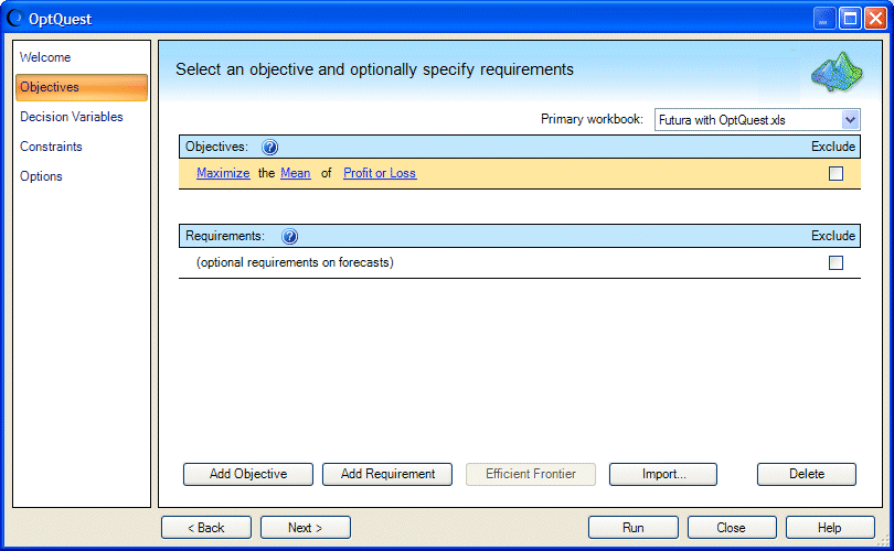 Volet Objectifs, exemple Futura with OptQuest.